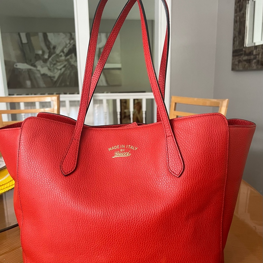GUCCI Leather Swing Tote Bag Red Gold Hardware Large